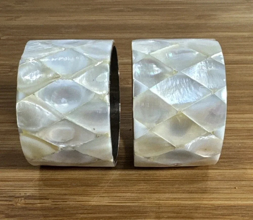 Vintage Silver Tone Mother Of Pearl Napkin Holders Set Of TWO Fish Scale Mosaic